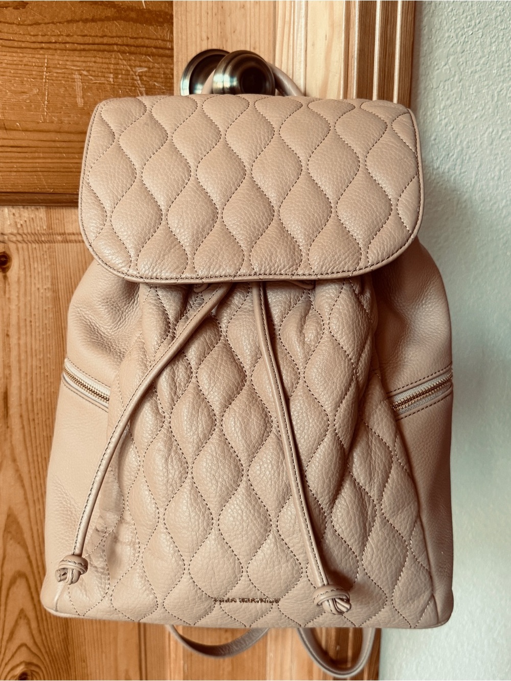 Vera Bradley Quilted Leather Drawstring Backpack in Light Beige